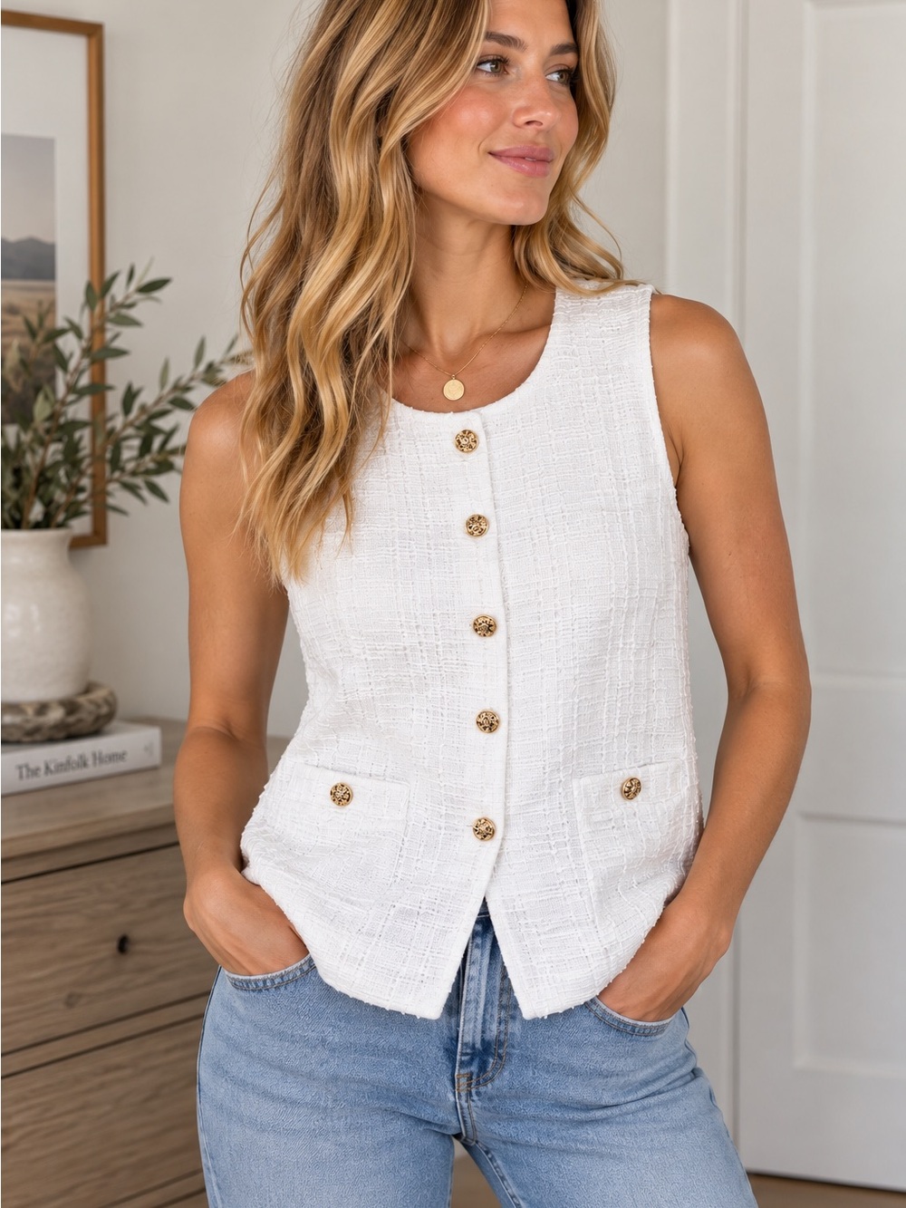 LOFT White Tweed Button-Front Tank Vest with Gold Buttons